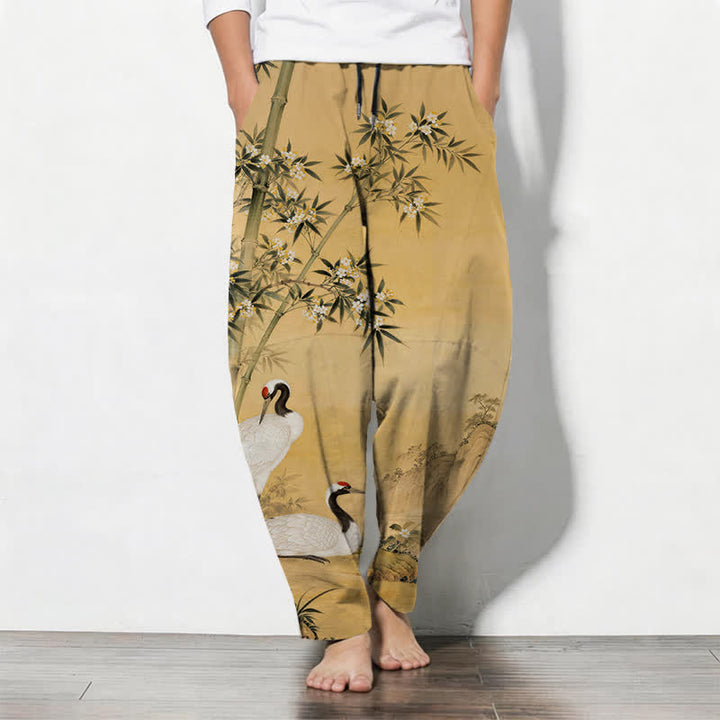Buddha Stones Pure Cotton Crane Bamboo Landscape Pattern Drawstring Men's Tapered Pants With Pockets - Goldenrod - US/UK/AU50，EU60 (5XL) - image 0