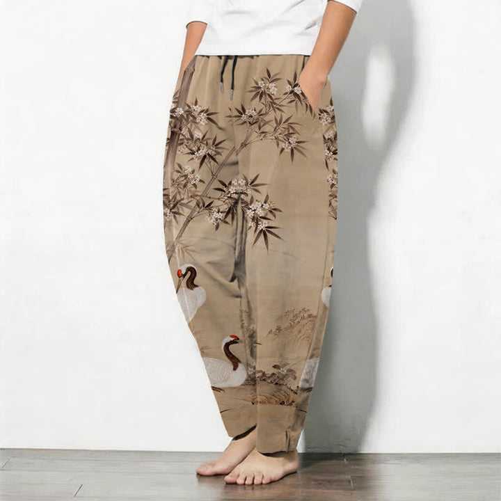 Buddha Stones Pure Cotton Crane Bamboo Landscape Pattern Drawstring Men's Tapered Pants With Pockets - image 8
