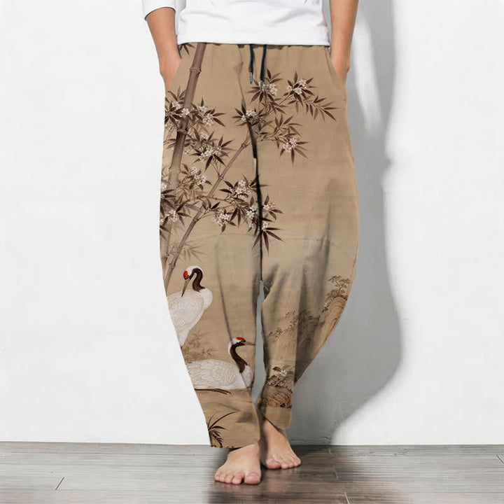 Buddha Stones Pure Cotton Crane Bamboo Landscape Pattern Drawstring Men's Tapered Pants With Pockets - BurlyWood - US/UK/AU50，EU60 (5XL) - image 7