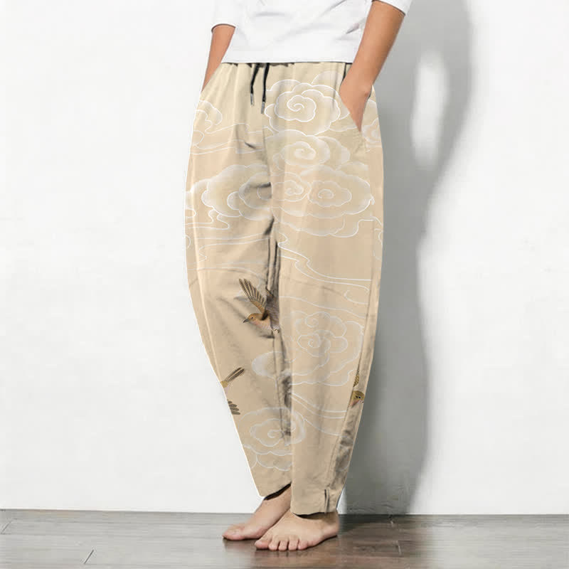 Buddha Stones Pure Cotton Auspicious Cloud Bird Pattern Drawstring Men's Tapered Pants With Pockets - image 1