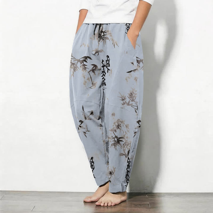 Buddha Stones Pure Cotton Ink Bamboo Calligraphy Pattern Drawstring Men's Tapered Pants With Pockets - image 8