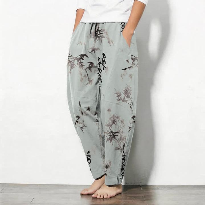 Buddha Stones Pure Cotton Ink Bamboo Calligraphy Pattern Drawstring Men's Tapered Pants With Pockets - image 12