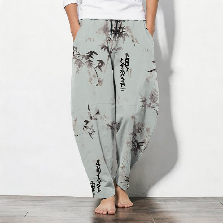 Buddha Stones Pure Cotton Ink Bamboo Calligraphy Pattern Drawstring Men's Tapered Pants With Pockets - PaleTurquoise - US/UK/AU50，EU60 (5XL) - image 11