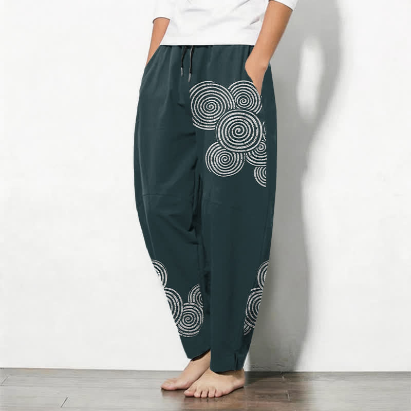 Buddha Stones Pure Cotton Concentric Spiral Pattern Drawstring Men's Tapered Pants With Pockets - image 12