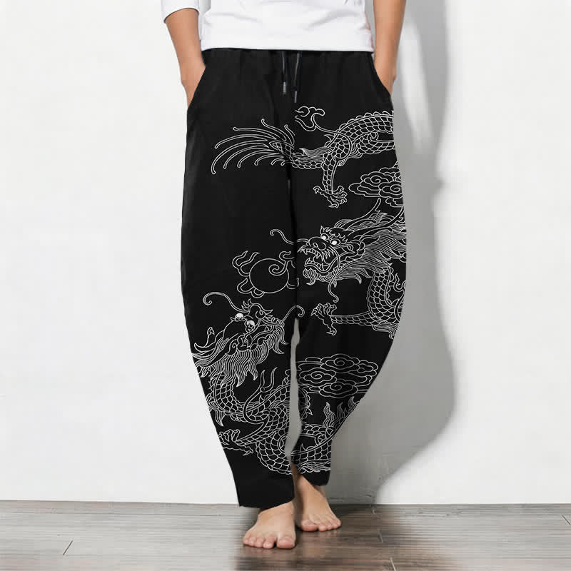 Buddha Stones Pure Cotton Imperial Dragon Pattern Drawstring Men's Tapered Pants With Pockets - Black - US/UK/AU50，EU60 (5XL) - image 0