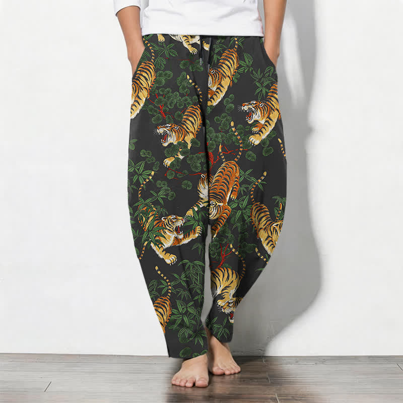 Buddha Stones Pure Cotton Tiger Bamboo Leaf Pattern Drawstring Men's Tapered Pants With Pockets - Black - US/UK/AU50，EU60 (5XL) - image 0