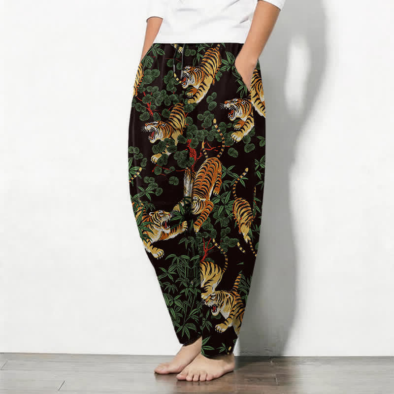 Buddha Stones Pure Cotton Tiger Bamboo Leaf Pattern Drawstring Men's Tapered Pants With Pockets - image 8