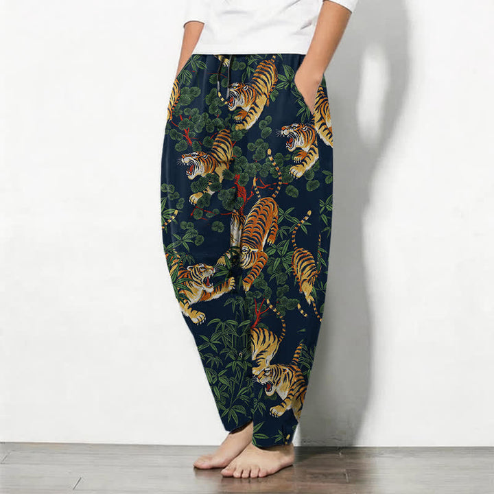 Buddha Stones Pure Cotton Tiger Bamboo Leaf Pattern Drawstring Men's Tapered Pants With Pockets - image 12
