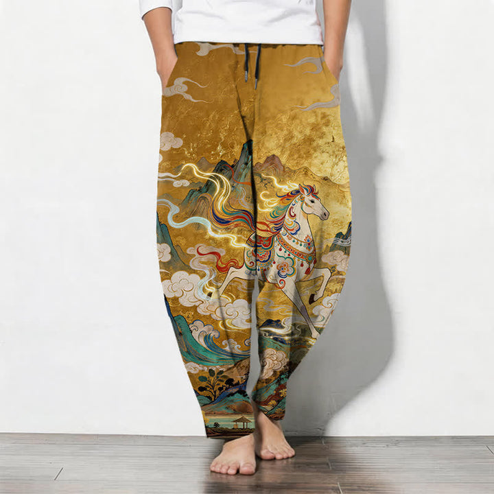 Buddha Stones Pure Cotton Running White Horse Pattern Drawstring Men's Tapered Pants With Pockets - Goldenrod - US/UK/AU50，EU60 (5XL) - image 0