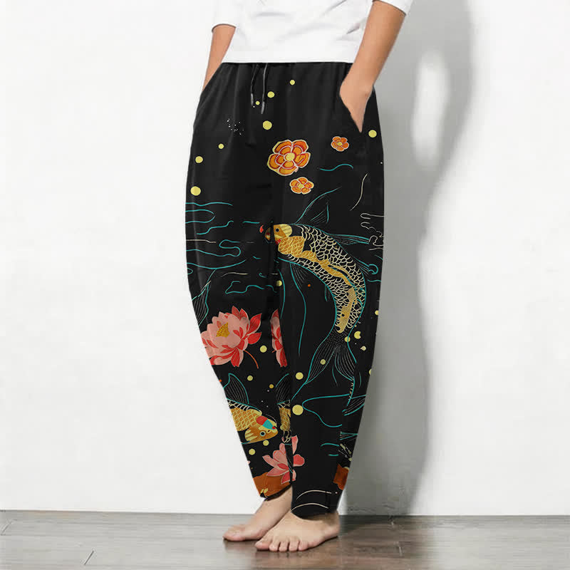 Buddha Stones Pure Cotton Golden Koi Lotus Wave Pattern Drawstring Men's Tapered Pants With Pockets - image 1