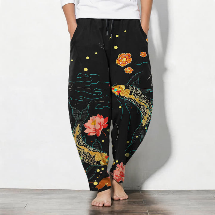 Buddha Stones Pure Cotton Golden Koi Lotus Wave Pattern Drawstring Men's Tapered Pants With Pockets - Black - US/UK/AU50，EU60 (5XL) - image 0