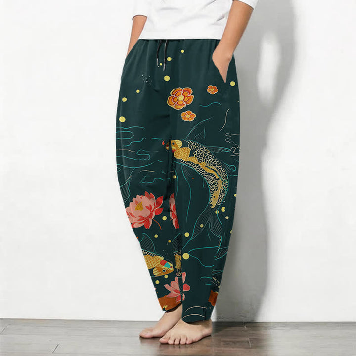 Buddha Stones Pure Cotton Golden Koi Lotus Wave Pattern Drawstring Men's Tapered Pants With Pockets - image 8