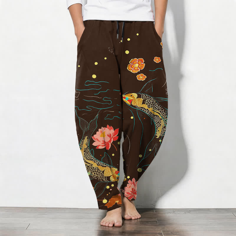 Buddha Stones Pure Cotton Golden Koi Lotus Wave Pattern Drawstring Men's Tapered Pants With Pockets - SaddleBrown - US/UK/AU50，EU60 (5XL) - image 11