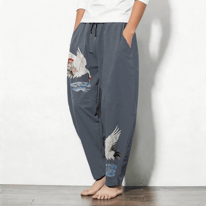 Buddha Stones Pure Cotton Red Crown Crane Pattern Drawstring Men's Tapered Pants With Pockets - image 1