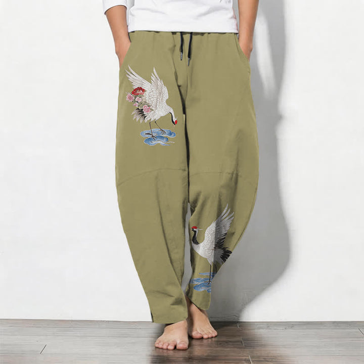 Buddha Stones Pure Cotton Red Crown Crane Pattern Drawstring Men's Tapered Pants With Pockets - Olive - US/UK/AU50，EU60 (5XL) - image 11
