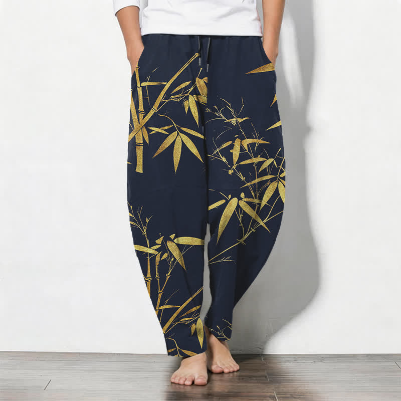 Buddha Stones Pure Cotton Golden Bamboo Pattern Drawstring Men's Tapered Pants With Pockets - Navy - US/UK/AU50，EU60 (5XL) - image 0