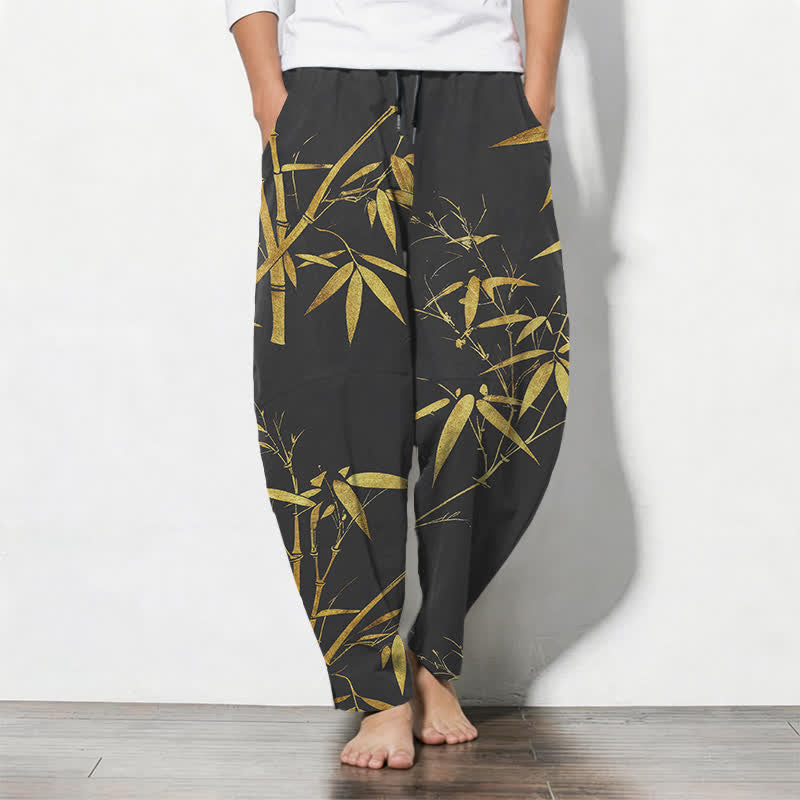 Buddha Stones Pure Cotton Golden Bamboo Pattern Drawstring Men's Tapered Pants With Pockets - Black - US/UK/AU50，EU60 (5XL) - image 7