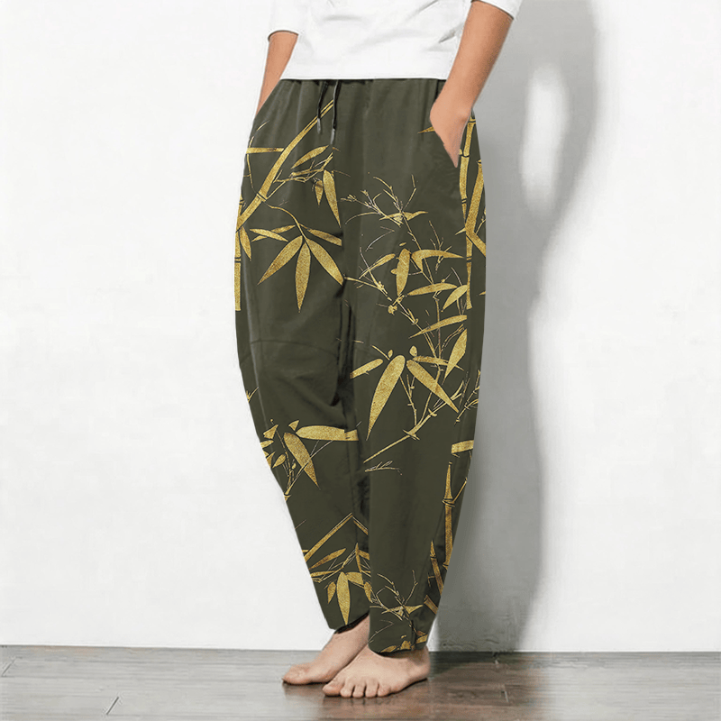 Buddha Stones Pure Cotton Golden Bamboo Pattern Drawstring Men's Tapered Pants With Pockets - image 12