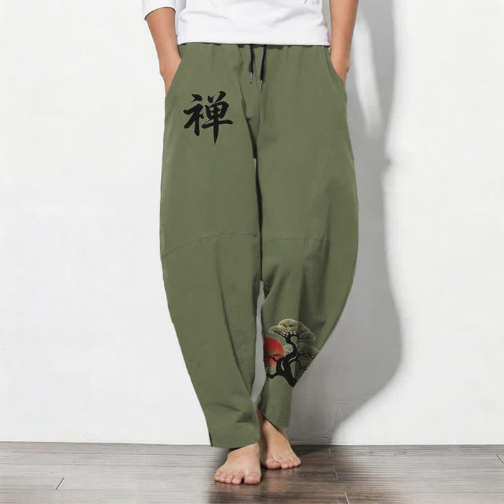 Buddha Stones Pure Cotton Zen Bonsai Sunset Pattern Drawstring Men's Tapered Pants With Pockets - OliveDrab - US/UK/AU50，EU60 (5XL) - image 7