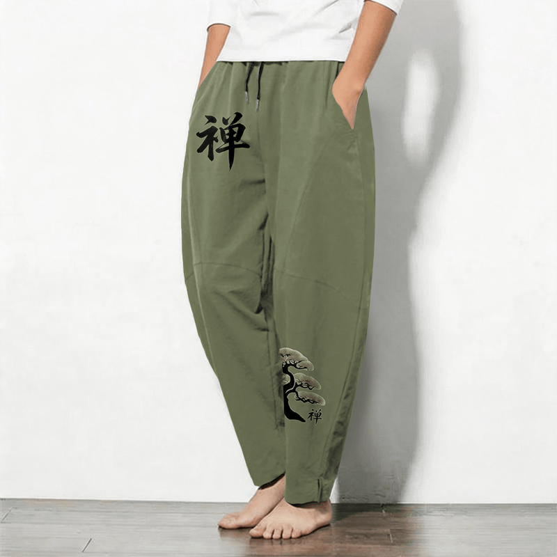 Buddha Stones Pure Cotton Zen Bonsai Sunset Pattern Drawstring Men's Tapered Pants With Pockets - image 8