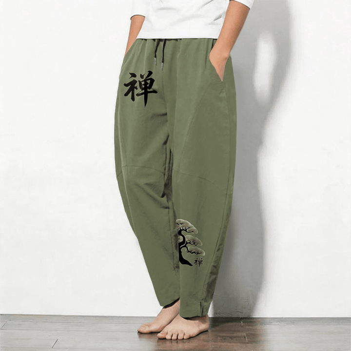 Buddha Stones Pure Cotton Zen Bonsai Sunset Pattern Drawstring Men's Tapered Pants With Pockets - image 8