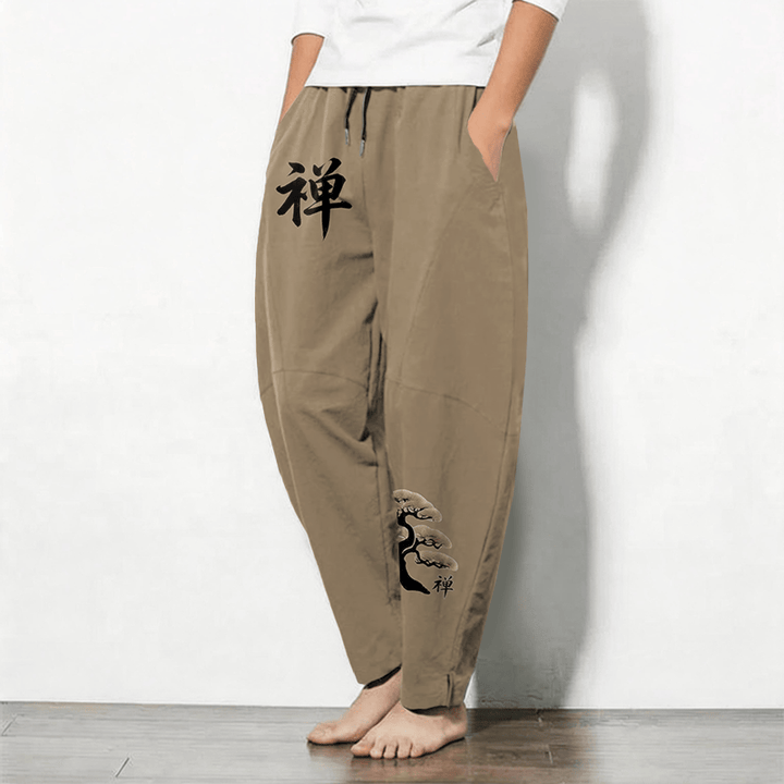 Buddha Stones Pure Cotton Zen Bonsai Sunset Pattern Drawstring Men's Tapered Pants With Pockets - image 12