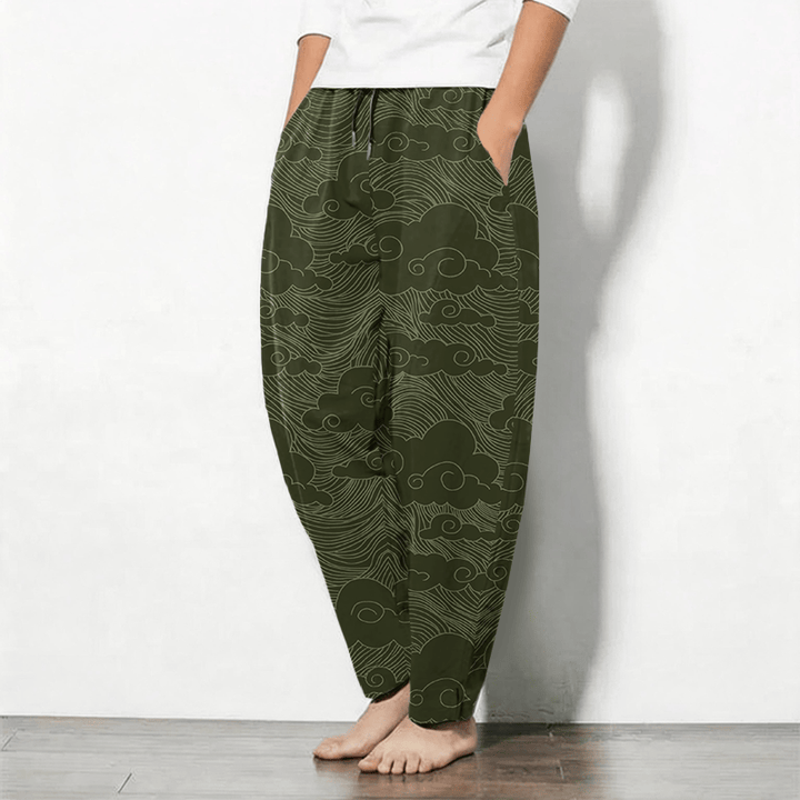 Buddha Stones Pure Cotton Japanese Cloud Wave Pattern Drawstring Men's Tapered Pants With Pockets - image 8