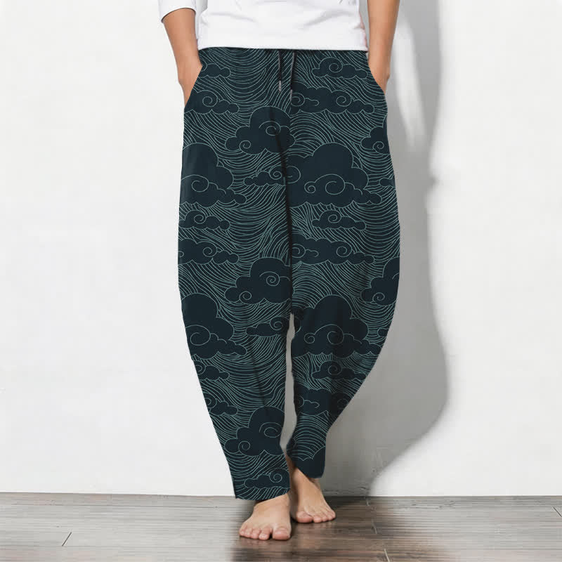 Buddha Stones Pure Cotton Japanese Cloud Wave Pattern Drawstring Men's Tapered Pants With Pockets - Teal - US/UK/AU50，EU60 (5XL) - image 11