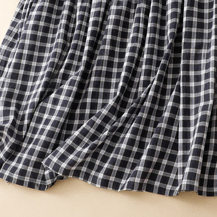 Buddha Stones Spring Casual Vintage Button-Up Black White Plaid Women's Long Sleeve Dress With Pocket - image 8