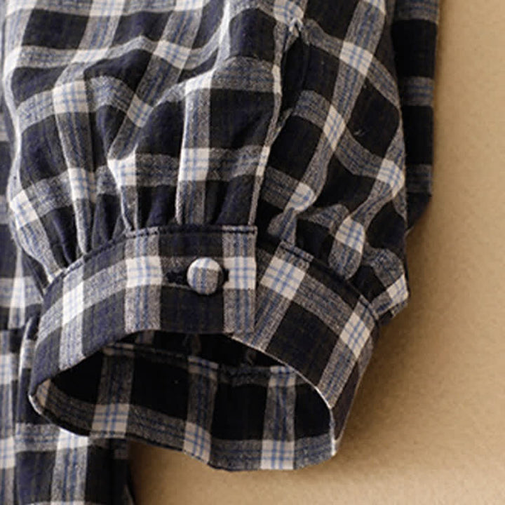 Buddha Stones Spring Casual Vintage Button-Up Black White Plaid Women's Long Sleeve Dress With Pocket - image 7