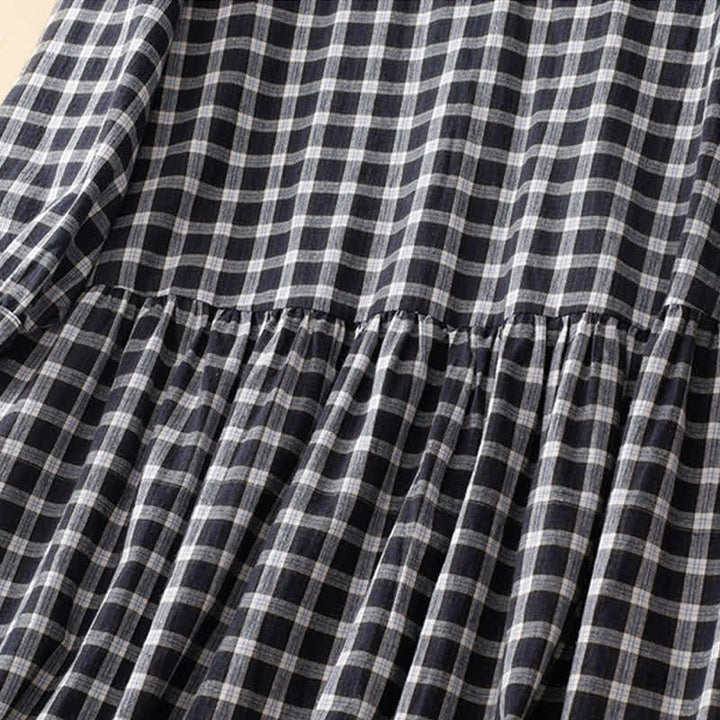 Buddha Stones Spring Casual Vintage Button-Up Black White Plaid Women's Long Sleeve Dress With Pocket - image 4