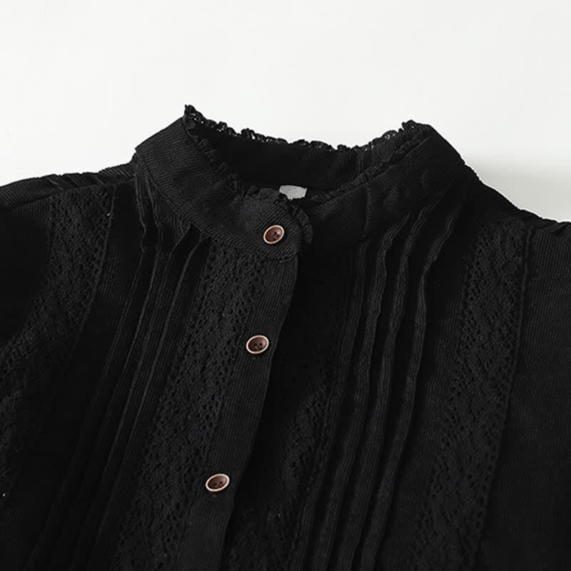 Buddha Stones Spring Fall Tang Style Vintage Button-Up Pleated Trim Solid Women's Long Sleeve Dress With Pocket - image 14