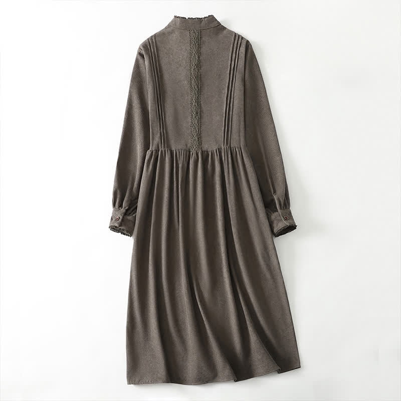 Buddha Stones Spring Fall Tang Style Vintage Button-Up Pleated Trim Solid Women's Long Sleeve Dress With Pocket - image 1
