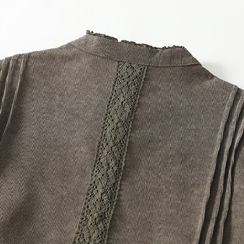 Buddha Stones Spring Fall Tang Style Vintage Button-Up Pleated Trim Solid Women's Long Sleeve Dress With Pocket - image 3