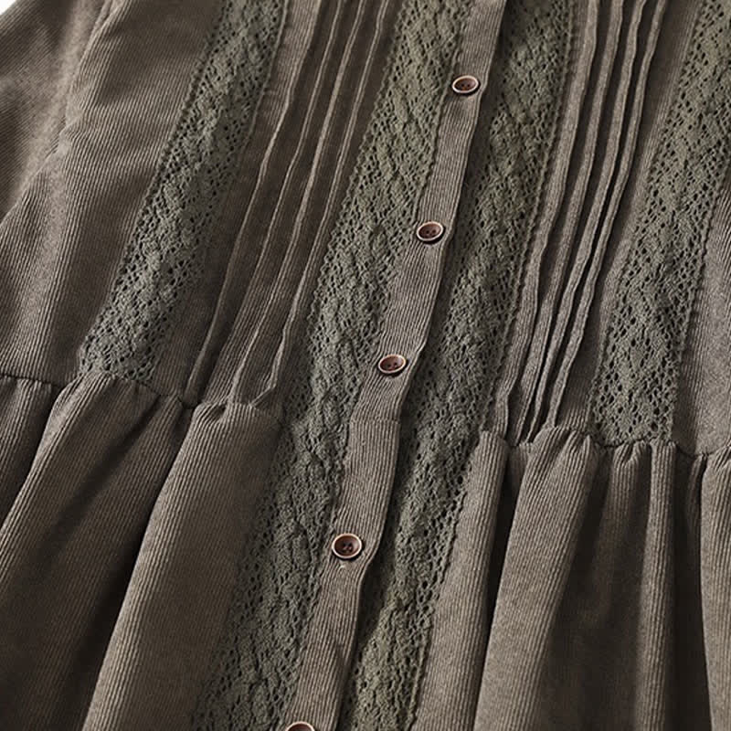 Buddha Stones Spring Fall Tang Style Vintage Button-Up Pleated Trim Solid Women's Long Sleeve Dress With Pocket - image 4