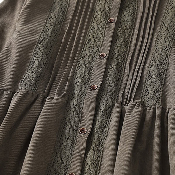 Buddha Stones Spring Fall Tang Style Vintage Button-Up Pleated Trim Solid Women's Long Sleeve Dress With Pocket - image 4