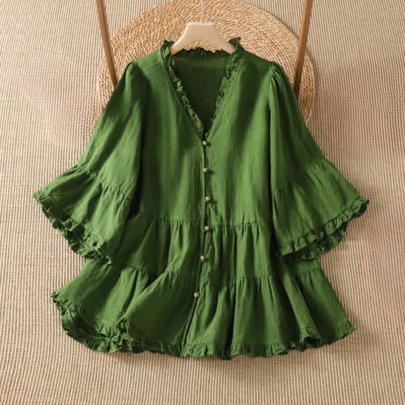 Buddha Stones Spring Summer Boho Button-Up Solid Women's Long Sleeve Shirts - ForestGreen - US8-10, UK/AU12-14, EU40-42 (2XL) - image 0