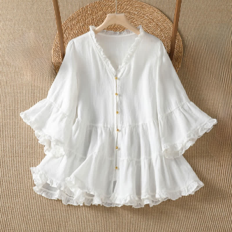 Buddha Stones Spring Summer Boho Button-Up Solid Women's Long Sleeve Shirts - White - US8-10, UK/AU12-14, EU40-42 (2XL) - image 8