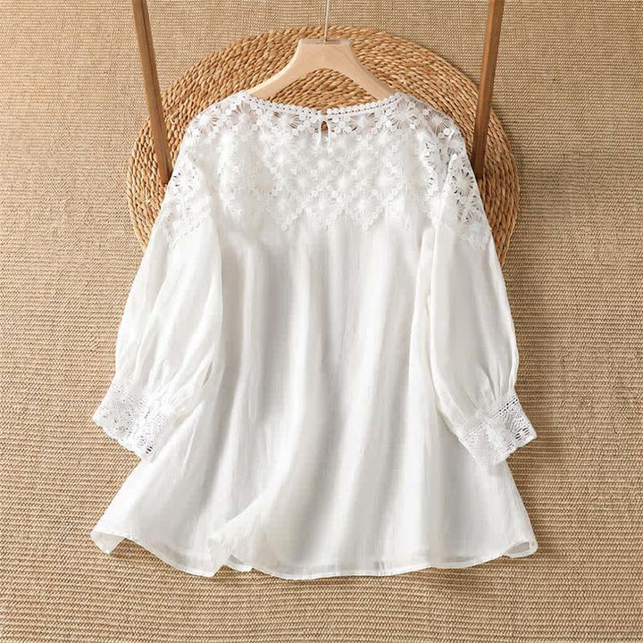 Buddha Stones Summer Elegant Casual Lace Solid Women's Long Sleeve T-Shirt - image 7