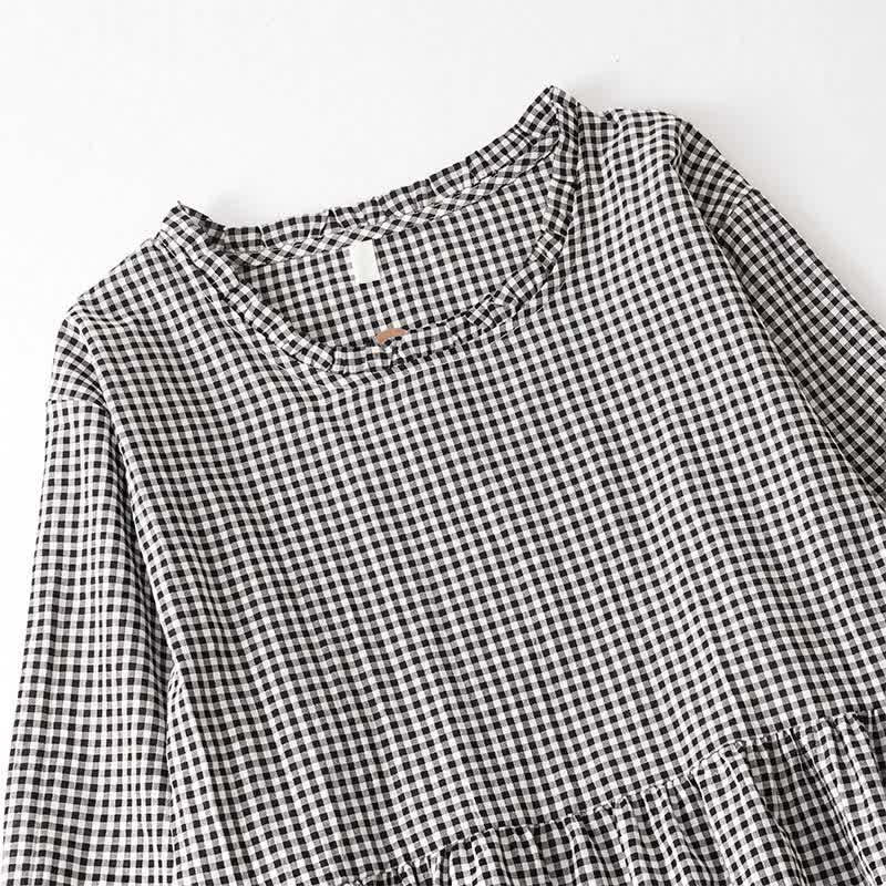 Buddha Stones Spring Fall Casual Vintage Tiered Plaid Women's Long Sleeve Dress With Pocket - image 2