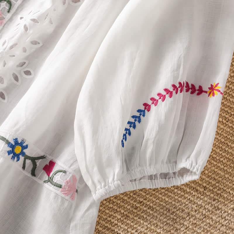 Buddha Stones Spring Summer Boho Embroidery Floral Women's Short Sleeve Shirts - image 5