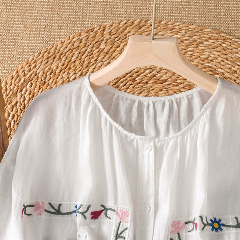 Buddha Stones Spring Summer Boho Embroidery Floral Women's Short Sleeve Shirts - image 2