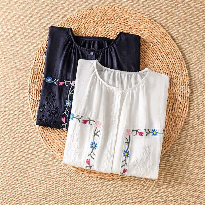 Buddha Stones Spring Summer Boho Embroidery Floral Women's Short Sleeve Shirts - image 10