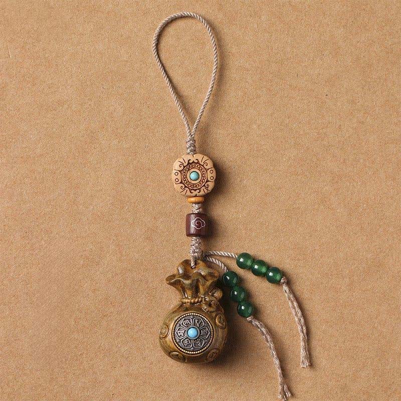 Buddha Stones Red Sandalwood Green Sandalwood Om Mani Padme Hum Blessing Chinese Coin Money Bag Design Serenity Keychains - Green Sandalwood - Phone Hanging Decoration - image 9