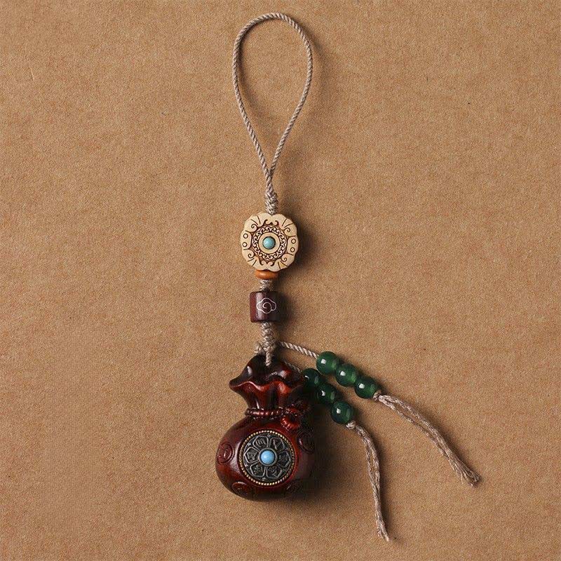 Buddha Stones Red Sandalwood Green Sandalwood Om Mani Padme Hum Blessing Chinese Coin Money Bag Design Serenity Keychains - Red Sandalwood - Phone Hanging Decoration - image 1