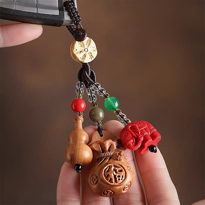 Buddha Stones Peach Wood Fu Character Money Bag Lucky Cinnabar Elephant Lotus Gourd Keychains - image 2