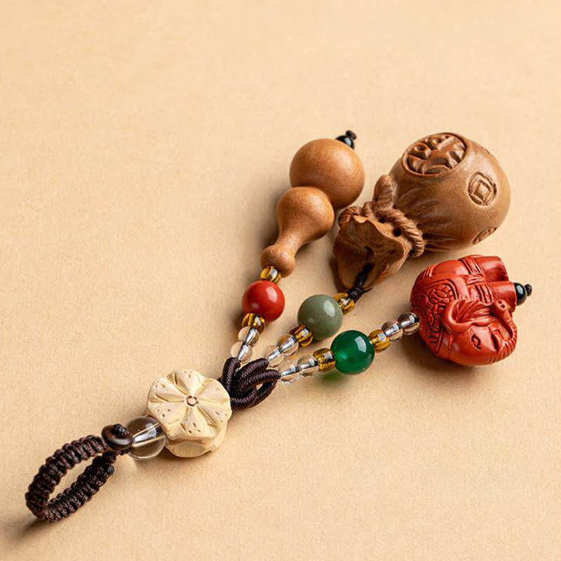 Buddha Stones Peach Wood Fu Character Money Bag Lucky Cinnabar Elephant Lotus Gourd Keychains - image 3