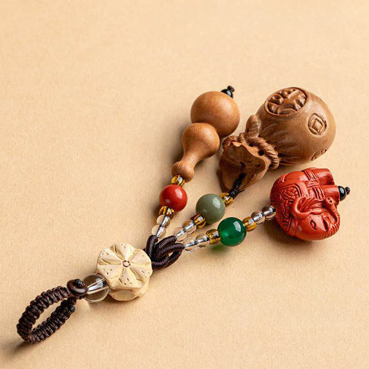 Buddha Stones Peach Wood Fu Character Money Bag Lucky Cinnabar Elephant Lotus Gourd Keychains - image 3