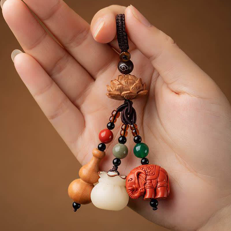 Buddha Stones Peach Wood Fu Character Money Bag Lucky Cinnabar Elephant Lotus Gourd Keychains - image 14