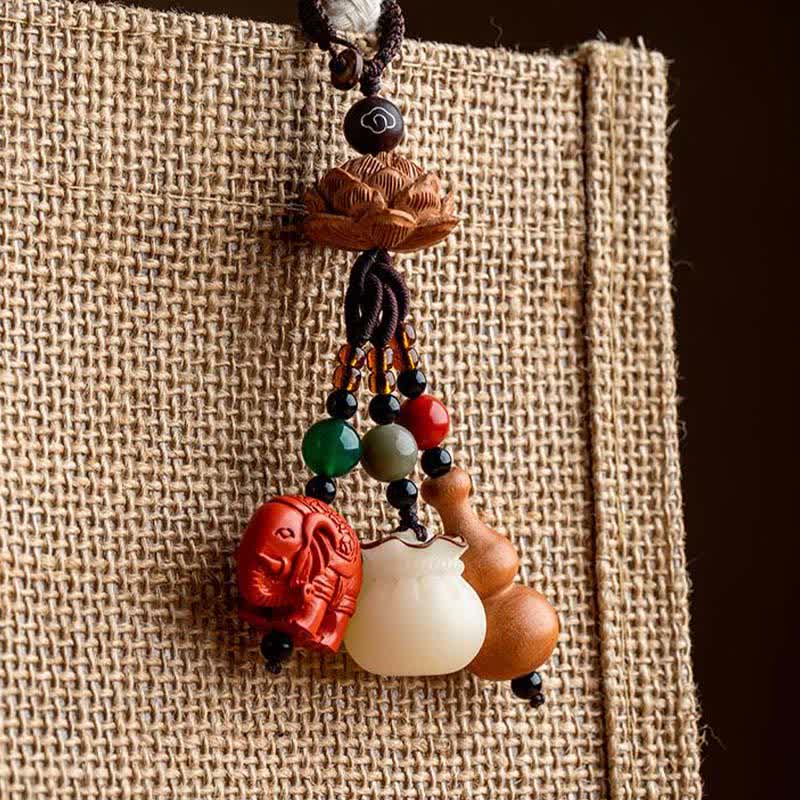 Buddha Stones Peach Wood Fu Character Money Bag Lucky Cinnabar Elephant Lotus Gourd Keychains - image 18